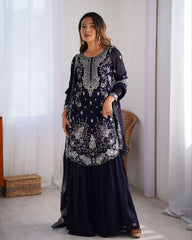 Blue Soft Georgette Embroidery Work Sharara Suit With Dupatta