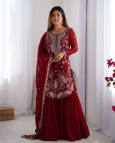 Red Soft Georgette Embroidery Work Sharara Suit With Dupatta