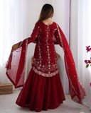 Premium Red Soft Georgette Embroidery Work Sharara Suit With Dupatta