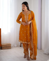Mustard Soft Georgette Sequence Work Pant Suit With Dupatta
