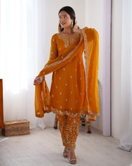 Mustard Soft Georgette Sequence Work Pant Suit With Dupatta