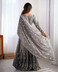 Grey & Green Chinon Silk Embroidery Work Sharara Suit With Dupatta