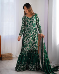 Grey & Green Chinon Silk Embroidery Work Sharara Suit With Dupatta