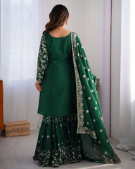 Grey & Green Chinon Silk Embroidery Work Sharara Suit With Dupatta