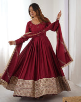 Exclusive Maroon Chinon Silk Thread Work Anarkali Gown With Dupatta