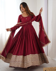 Exclusive Maroon Chinon Silk Thread Work Anarkali Gown With Dupatta