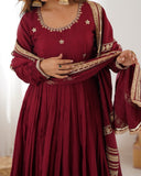 Premium Maroon Chinon Silk Thread Work Anarkali Gown With Dupatta