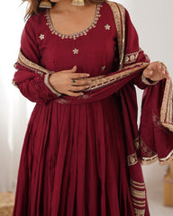Exclusive Maroon Chinon Silk Thread Work Anarkali Gown With Dupatta
