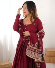 Exclusive Maroon Chinon Silk Thread Work Anarkali Gown With Dupatta