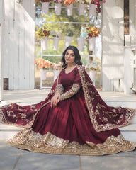 Maroon Soft Georgette Embroidery Work Anarkali Gown With Dupatta