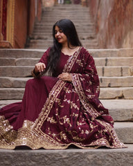Maroon Soft Georgette Embroidery Work Anarkali Gown With Dupatta