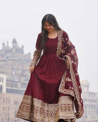Maroon Soft Georgette Embroidery Work Anarkali Gown With Dupatta