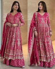 Hot Pink Chinon Silk Sequence Work Anarkali Palazo Suit With Dupatta