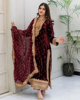 Exclusive Maroon & Purple Velvet Pakistani Pant Suit With Dupatta