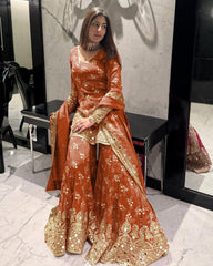 Pink & Orange Silk Sequence Work Palazo Suit With Dupatta