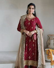 Rani And Red Soft Georgette Embroidery Work Pakistani Suit With Beige Dupatta