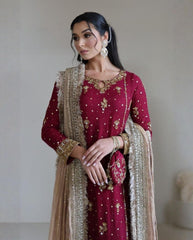 Rani And Red Soft Georgette Embroidery Work Pakistani Suit With Beige Dupatta