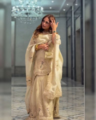 Ivory Cream Chinon Silk Embroidery Work Gharara Suit With Dupatta