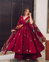 Magenta Maroon Chinon Silk Embroiery Work Anarkali Suit With Dupatta