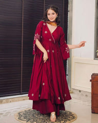 Magenta Maroon Chinon Silk Embroiery Work Anarkali Suit With Dupatta