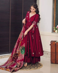 Magenta Maroon Chinon Silk Embroiery Work Anarkali Suit With Dupatta