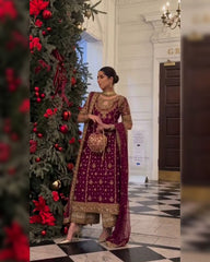 Maroon Soft Georgette Embroidery Work Pakistani Pant Suit With Dupatta