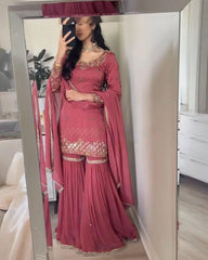 Rouge Pink Silk Embroidery Work Gharara Suit With Dupatta