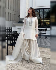 White & Yellow Soft Georgette Thread Work Farshi Suit With Dupatta