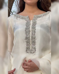 White & Yellow Soft Georgette Thread Work Farshi Suit With Dupatta