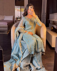 Sky Soft Georgette Embroidery Work Palazzo Pakistani Suit With Dupatta