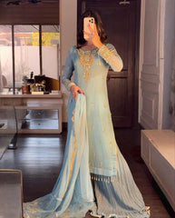 Sky Soft Georgette Embroidery Work Palazzo Pakistani Suit With Dupatta