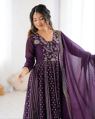 Designer Purple Silk Embroidery Work Anarkali Suit With Dupatta