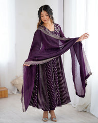 Designer Purple Silk Embroidery Work Anarkali Suit With Dupatta