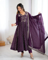 Designer Purple Silk Embroidery Work Anarkali Suit With Dupatta