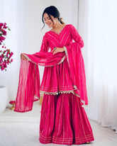 Ready To Wear White & Pink Chanderi Silk Hand Work Gharara Suit With Dupatta