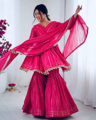 Ready To Wear White & Pink Chanderi Silk Hand Work Gharara Suit With Dupatta