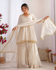 Ready To Wear White & Pink Chanderi Silk Hand Work Gharara Suit With Dupatta
