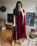 Exclusive Maroon Velvet Embroidered Pakistani Suit With Dupatta