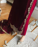 Exclusive Maroon Velvet Embroidered Pakistani Suit With Dupatta