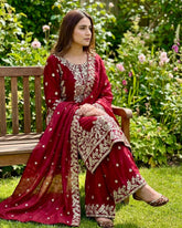Exclusive Maroon Silk Embroidered Pant Suit With Dupatta