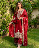 Exclusive Maroon Silk Embroidered Pant Suit With Dupatta