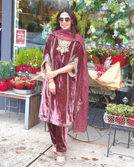 Exclusive Dusty Pink Velvet Embroidery Work Pant Suit With Dupatta