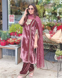 Exclusive Dusty Pink Velvet Embroidery Work Pant Suit With Dupatta