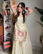 Cream Chinon Silk Embroidery Work Palazzo Suit With Dupatta