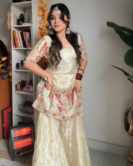 Cream Chinon Silk Embroidery Work Palazzo Suit With Dupatta