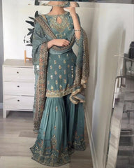 Green Soft Georgette Embroidery Work Gharara Suit With Dupatta