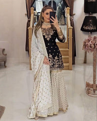 Cream & Black Soft Georgette Embroidery Work Gharara Suit With Dupatta