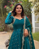 Rama & Wine Silk Embroidery Work Anarkali Suit With Dupatta