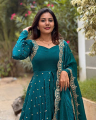 Rama & Wine Silk Embroidery Work Anarkali Suit With Dupatta