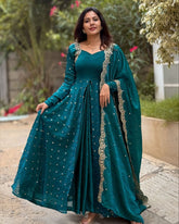 Rama & Wine Silk Embroidery Work Anarkali Suit With Dupatta